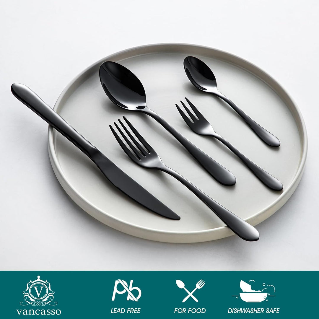 vancasso Besteck Schwarz 60-Teilig, Besteck Set für 12 Personen, 18/10 Edelstahl Besteckset mit Mess
