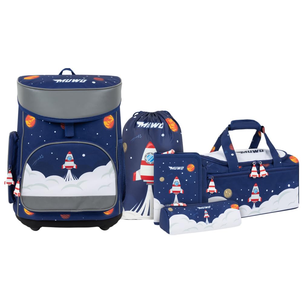 MUWO Kinder Schulranzen Set 5tlg. ergonomischer leichter Schulrucksack mit Sporttasche, Turnbeutel,