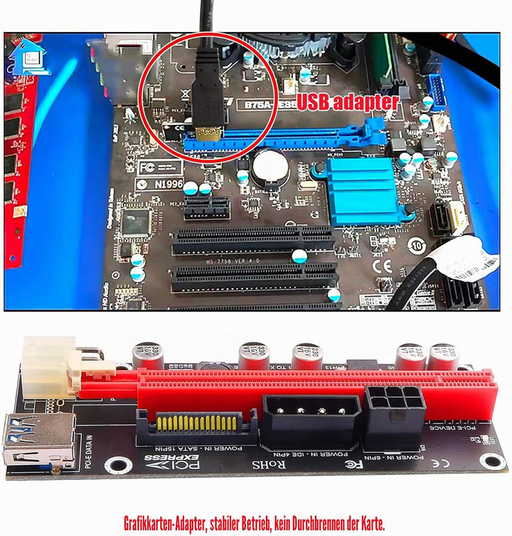 PCIe 1X auf 16X Riser Karte für Bitcoin Mining - 3 Netzteiloptionen (6Pin, Molex, SATA), 60 cm gesch