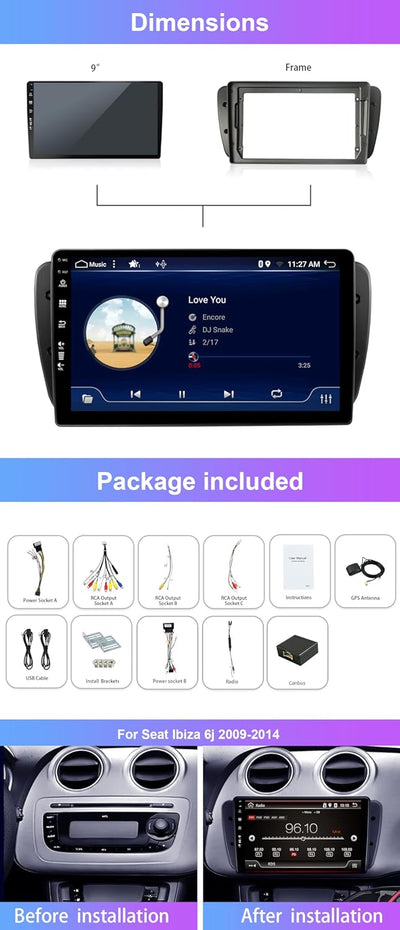 Autoradio Android 12 Passt Für Seat Ibiza 6j 2009–2014–GPS 2 Din – Kostenlose Rückfahrkamera–9 Zoll–