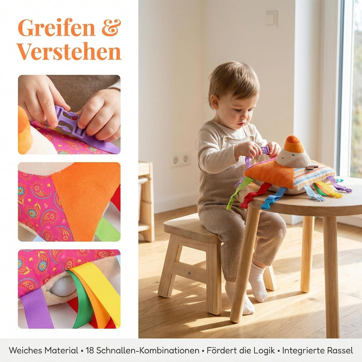 Amagogo Montessori Plüsch Busy Board Schnalle Spielzeug - Activity Board mit 6 Schnallen, Weich & Si
