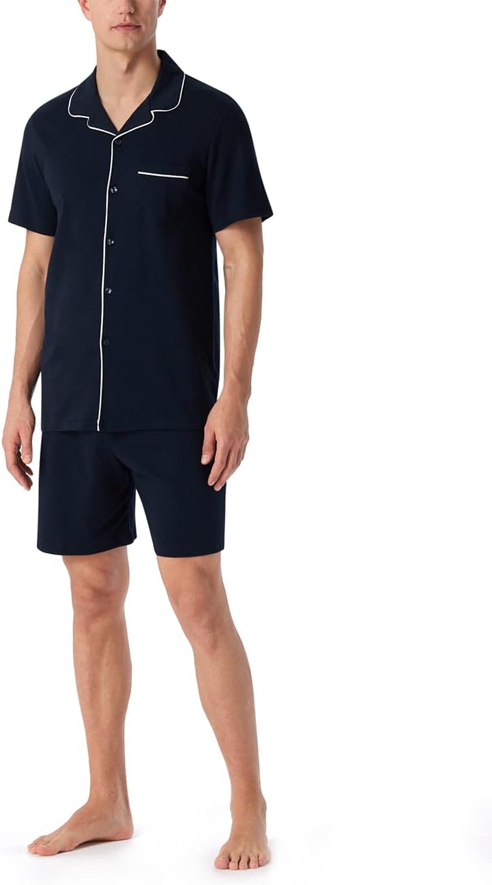 Schiesser Herren Schlafanzug kurz mit Knöpfen wärmere Baumwolle - Fein Interlock, 48