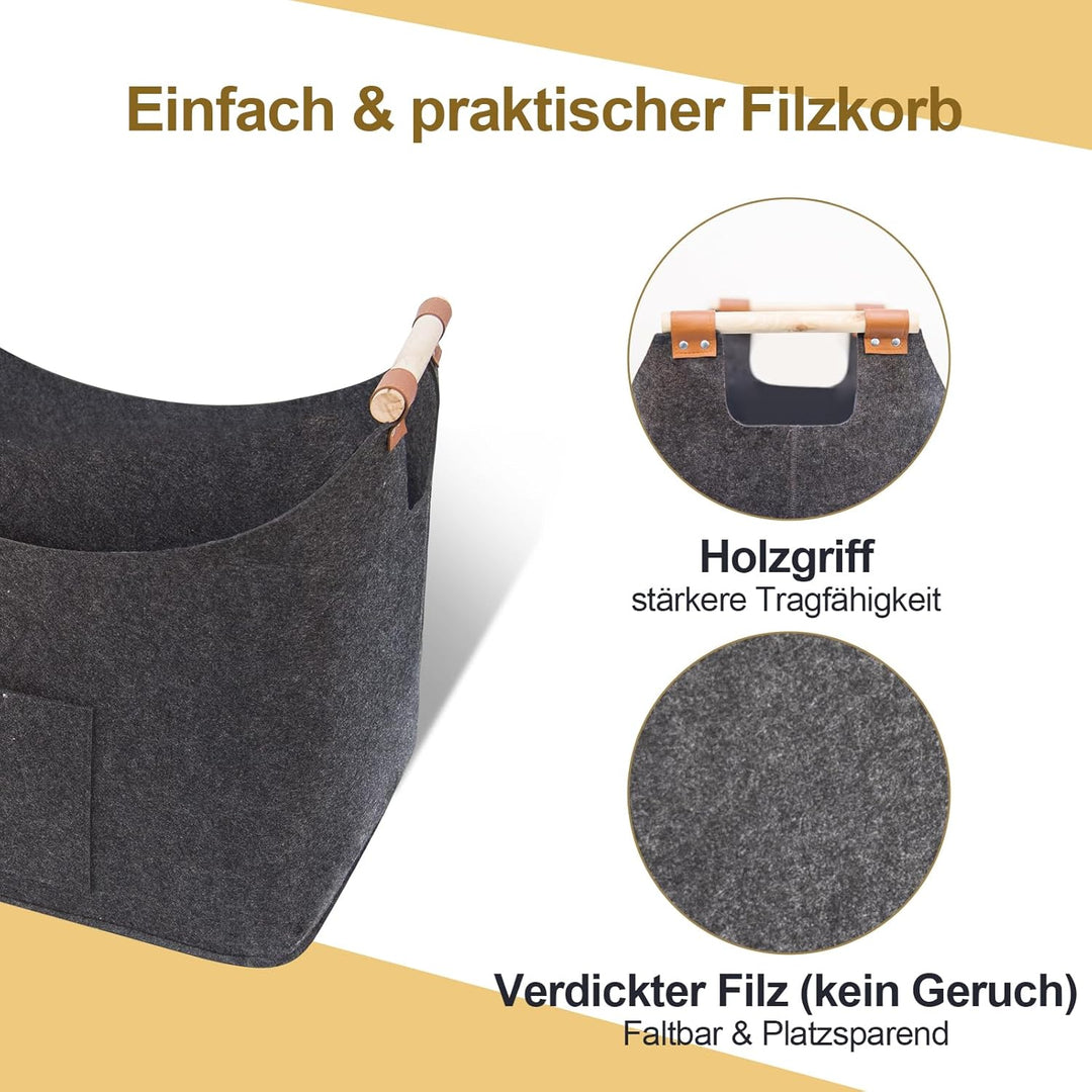 FINEW Holzkorb für Kaminholz 2er Set, Kaminholzkorb mit Handschuhen, Faltbarer Filztaschen aus Filz,