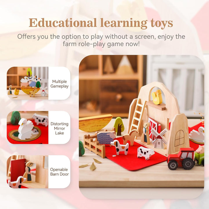 Youuys Holzspielzeug Baby Bauernhof Tiere Spielzeug Set Faltbar, Montessori Spielzeug, Bauernhof Pre