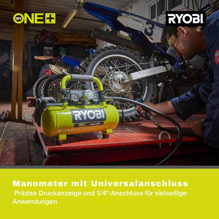 RYOBI 18 V ONE+ Akku-Kompressor PRO R18AC-0 (max. Druck 8,3 bar, Tankinhalt 3,8l, ideal zum Aufpumpe