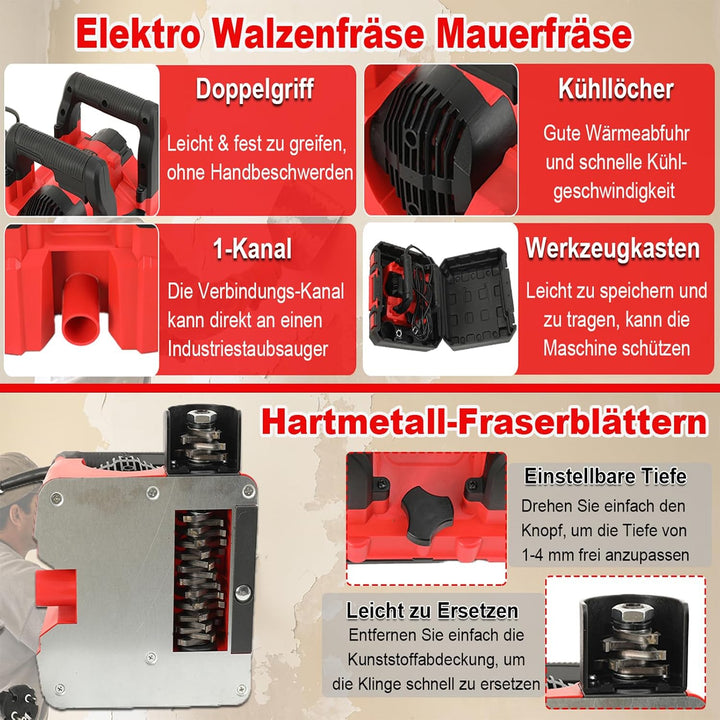 Betonfräse 1600W Mauerfräse Walzenfräse, 1000-4000 U/min Elektrischer Wandhobel Betonschleifer, 1-4m