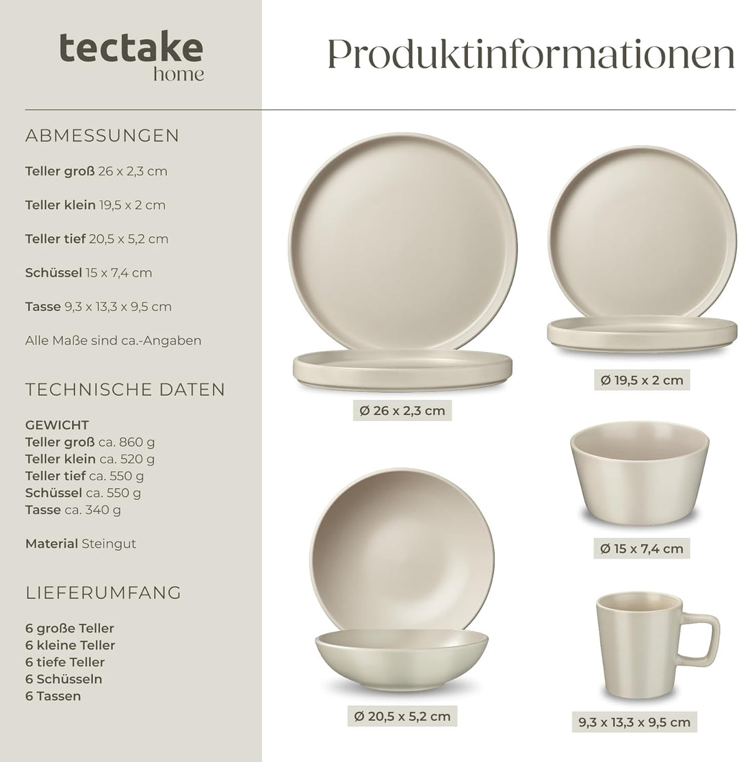 tectake® 47-tlg. Küchenstarterset, Steingut Geschirrset 6 Personen, Tassen, Teller Set, 2x Kochtopf,
