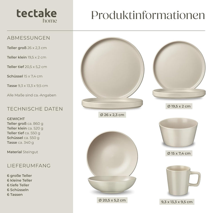 tectake® 47-tlg. Küchenstarterset, Steingut Geschirrset 6 Personen, Tassen, Teller Set, 2x Kochtopf,