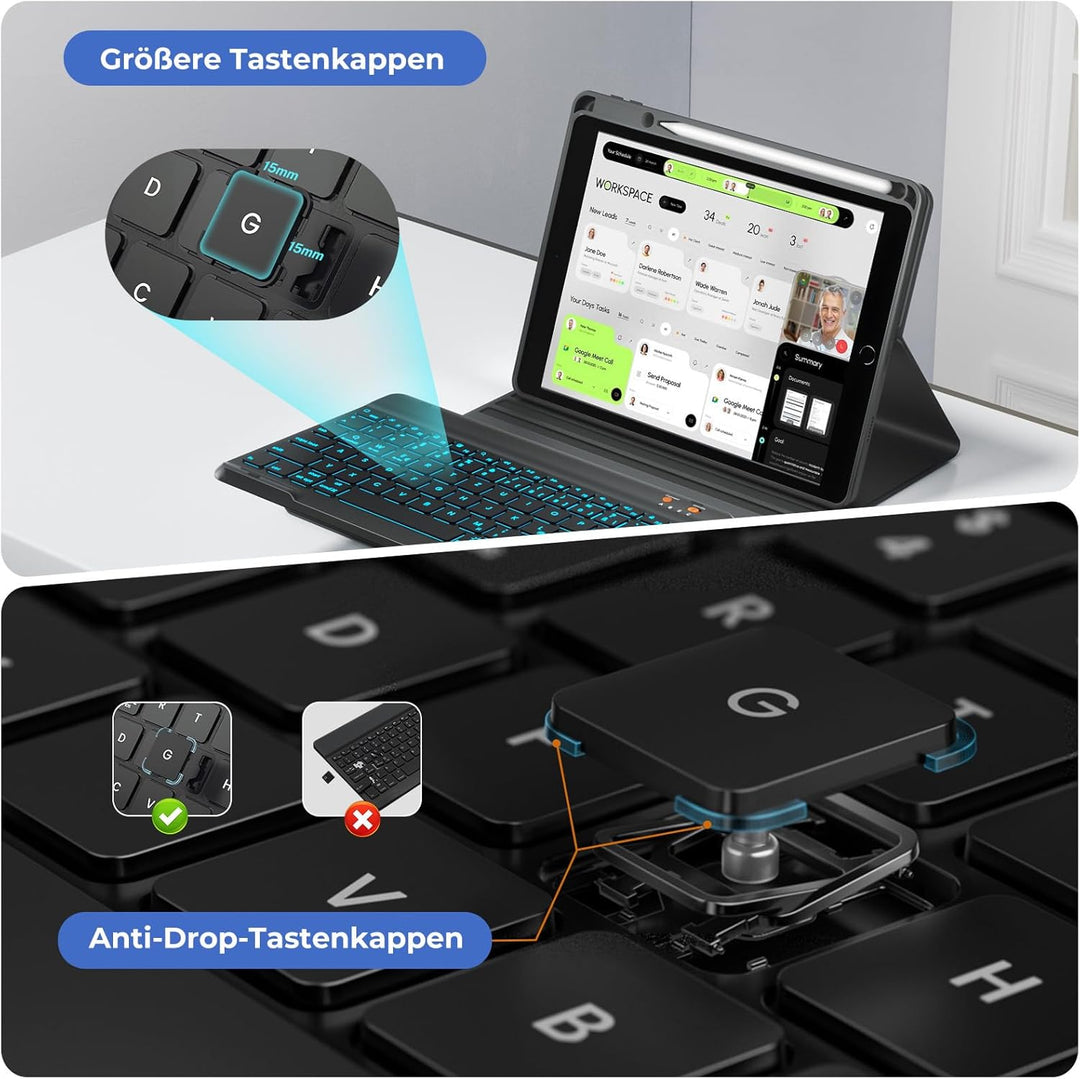 OYEEICE Hülle mit Tastatur für iPad 9/8/ 7 Generation 10,2 Zoll, Vergrösserte Anti-Falloff Tastenkap