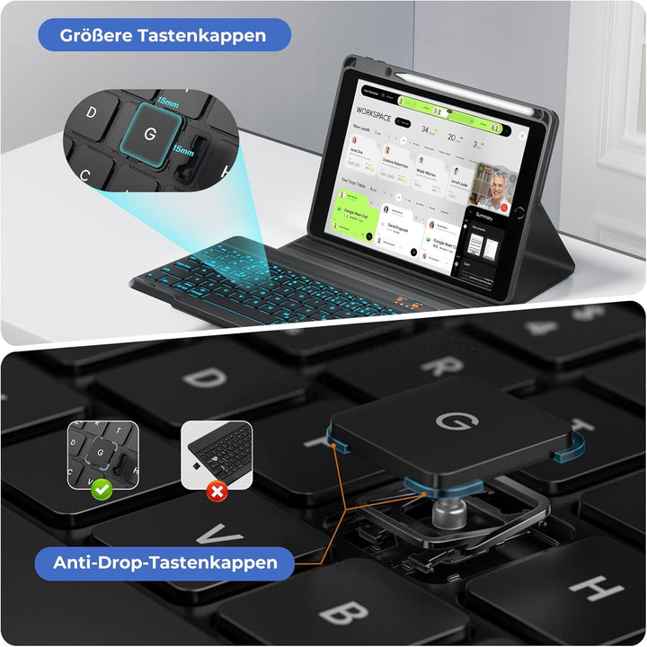 OYEEICE Hülle mit Tastatur für iPad 9/8/ 7 Generation 10,2 Zoll, Vergrösserte Anti-Falloff Tastenkap