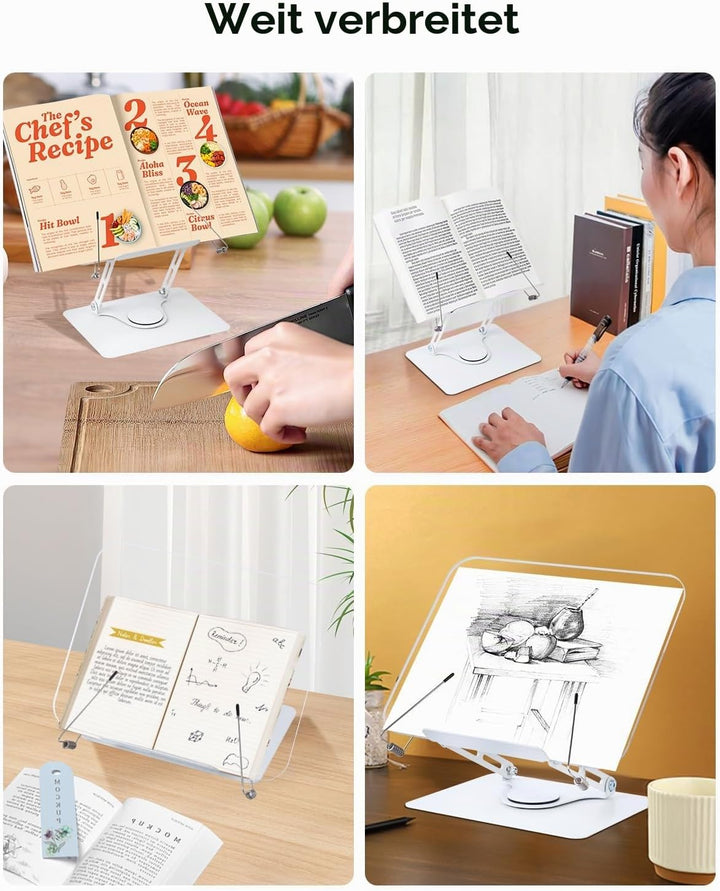 MSDADA Buchständer, Verstellbarer Acryl Buchhalter mit 360° drehbarer Basis, Kochbuchständer, Rezept