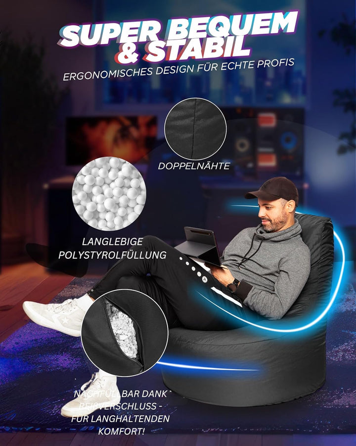 PATCH HOME Gamer Kissen & Lounge Sitzsack – befüllbar mit Reissverschluss, gefüllt mit Styropor, gee