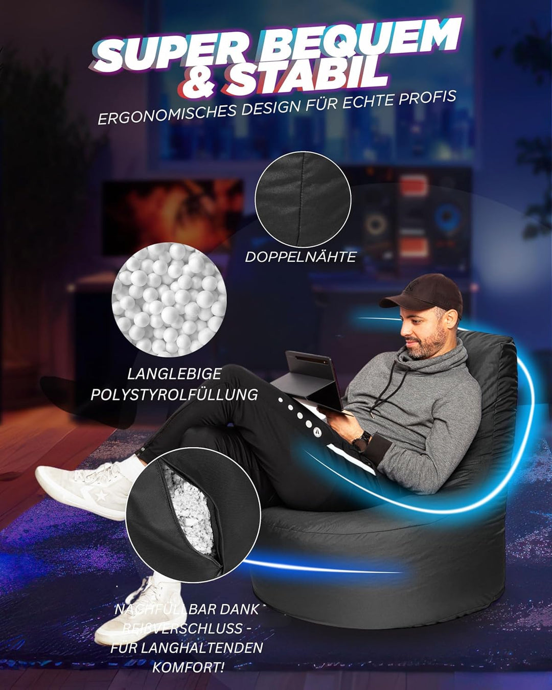 PATCH HOME Gamer Kissen & Lounge Sitzsack – befüllbar mit Reissverschluss, gefüllt mit Styropor, gee