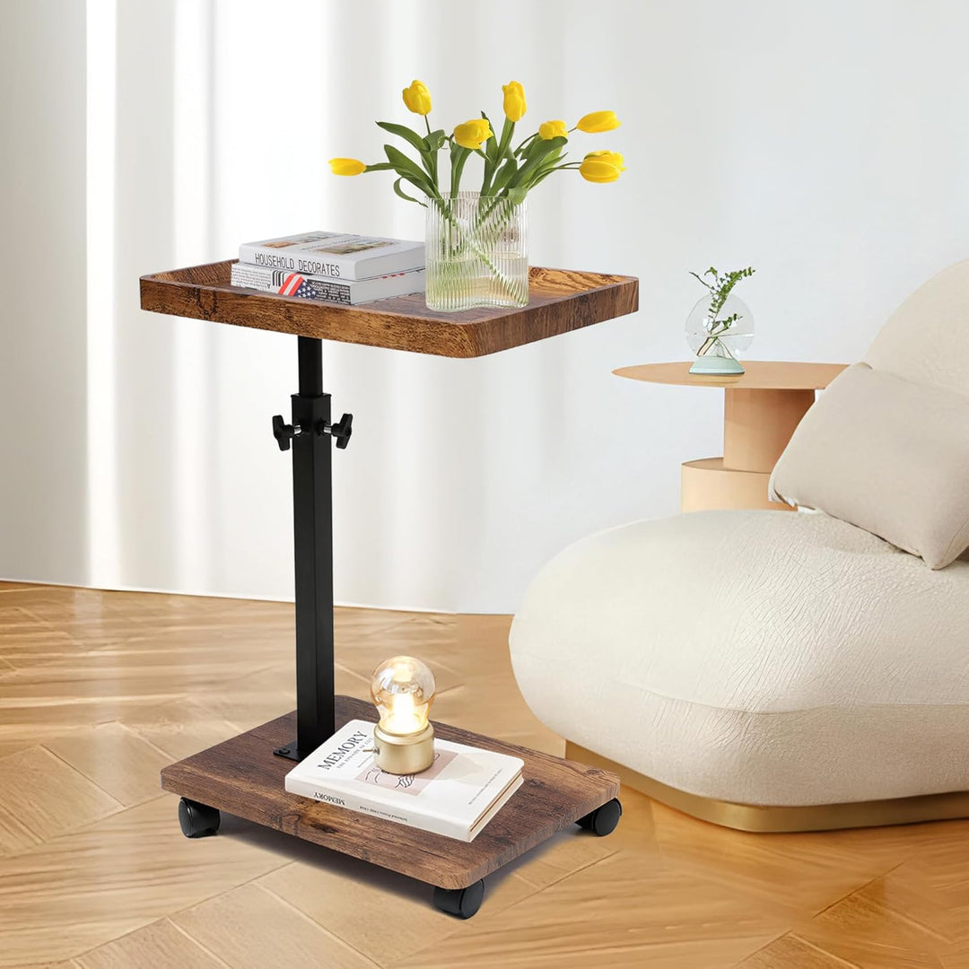 Beistelltisch mit Rollen | Beistelltisch Höhenverstellbar (45-80cm) | Holz Beistelltische c Form Hab