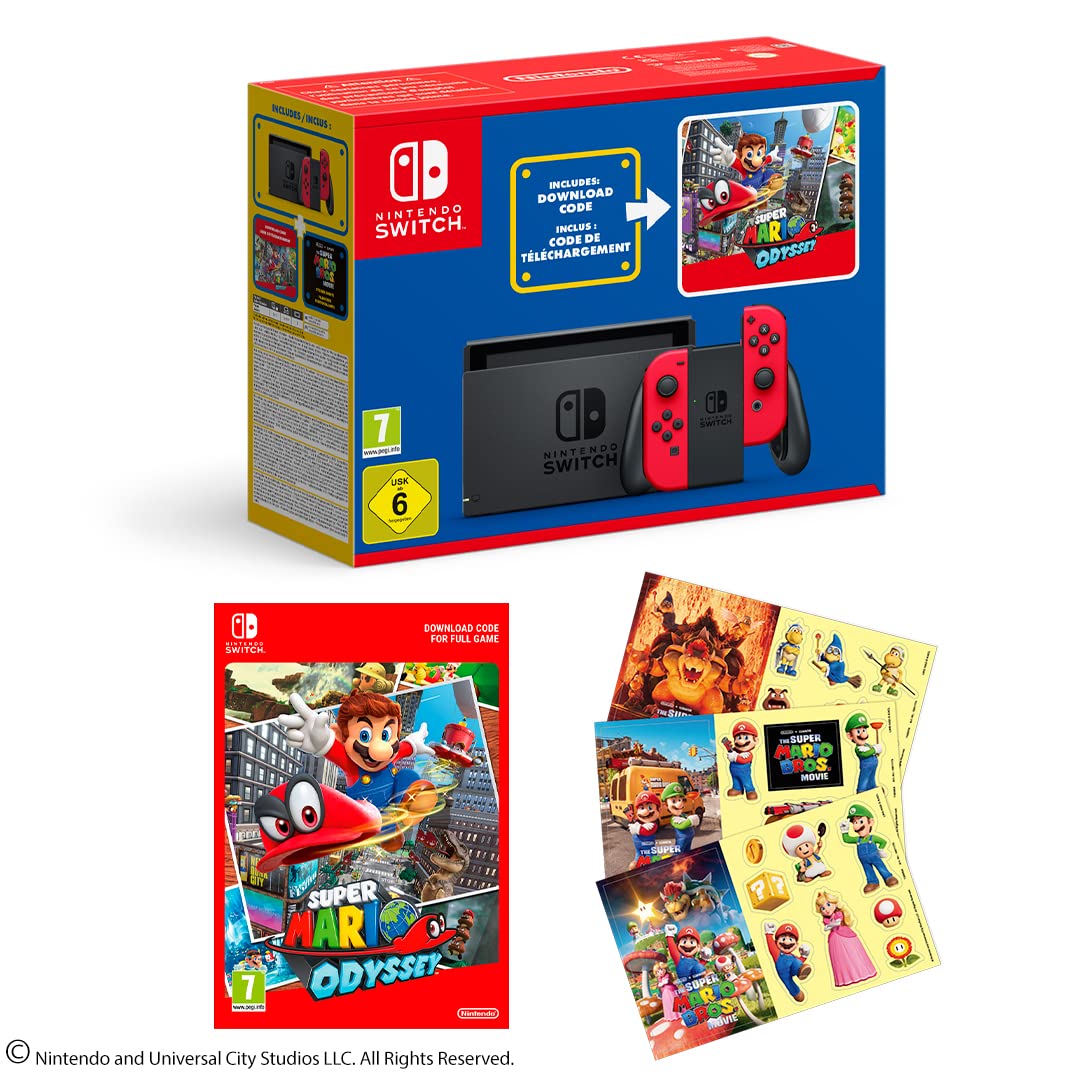 Nintendo Switch-Konsole (rot) + Spiel Super Mario Odyssey als Downloadcode + Der Super Mario Bros. F