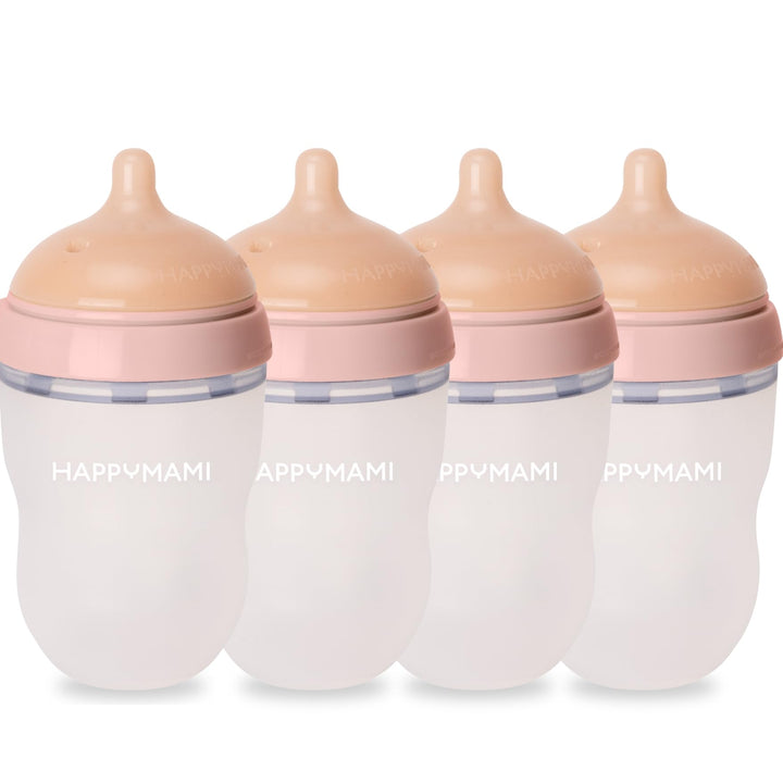 Happymami, Set aus 4 personalisierbaren Babyflaschen, Sauger aus Lebensmittelecht, doppeltes Anti-Ko