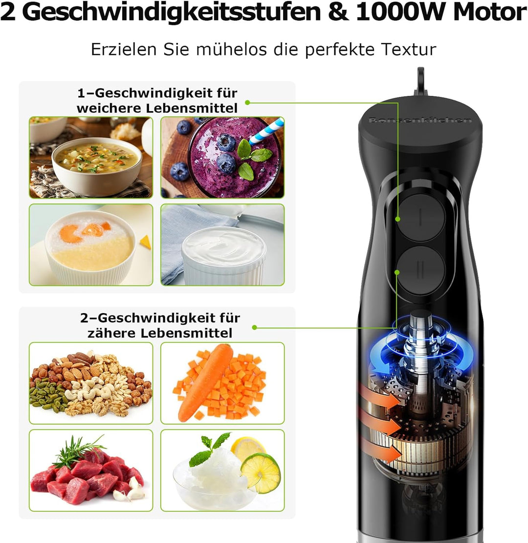 Bonsenkitchen 3 in 1 Elektrischer Stabmixer, 1000W Pürierstab mit Schneebesen/Messbecher, Stufenlose
