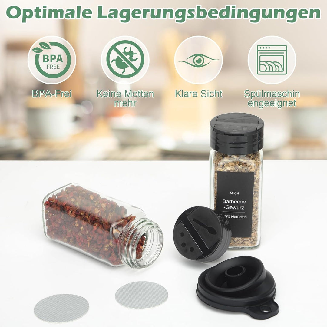 Withosent 24er Gewürzgläser Doppelkopf Schwarz Deckel, 120ml Gewürzdosen Glas Gewürzstreuer mit 144