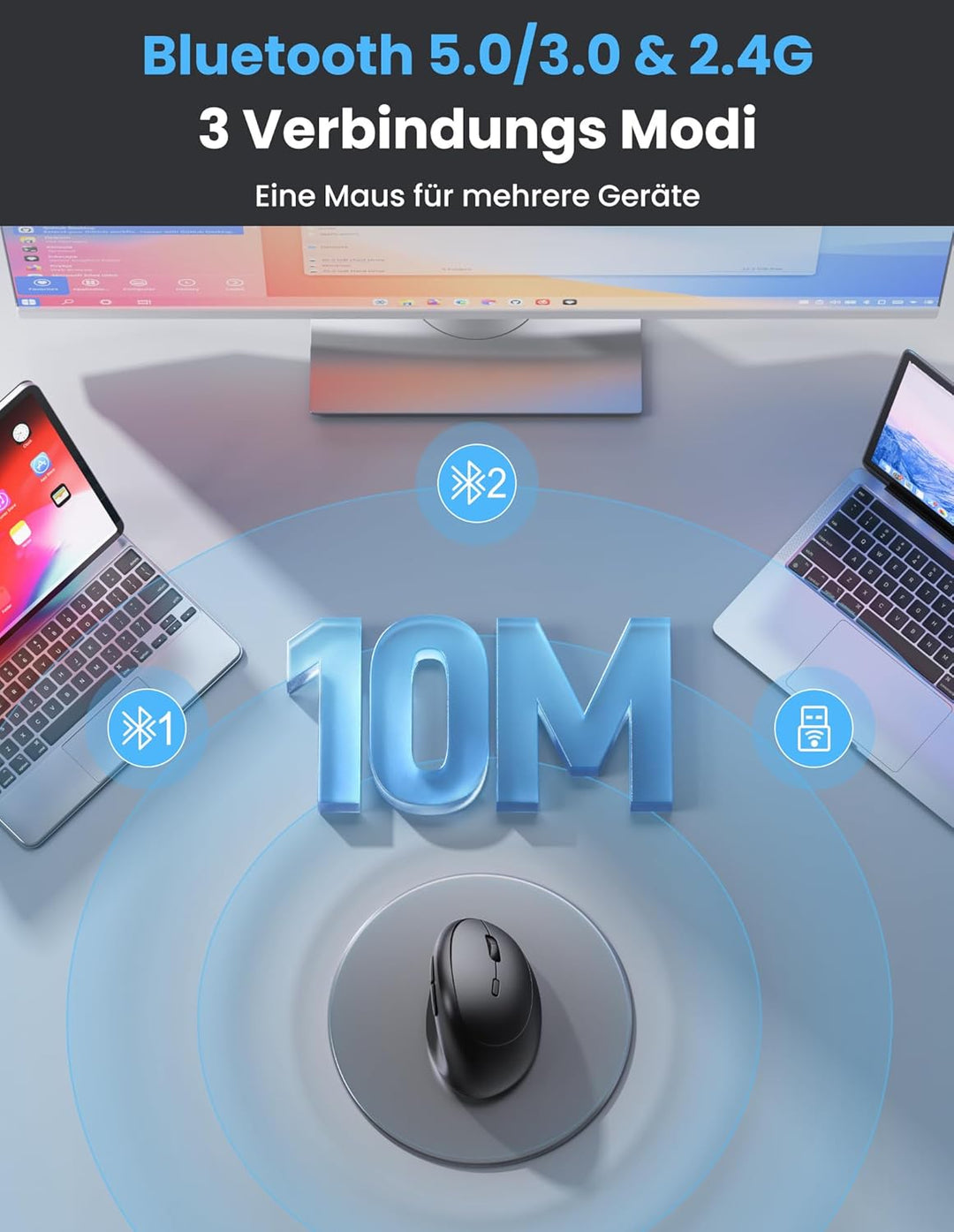 TECKNET Ergonomische Maus Bluetooth, Wiederaufladbar Maus Kabellos mit 3 Gerät (BT 5.0/3.0 + 2.4G),