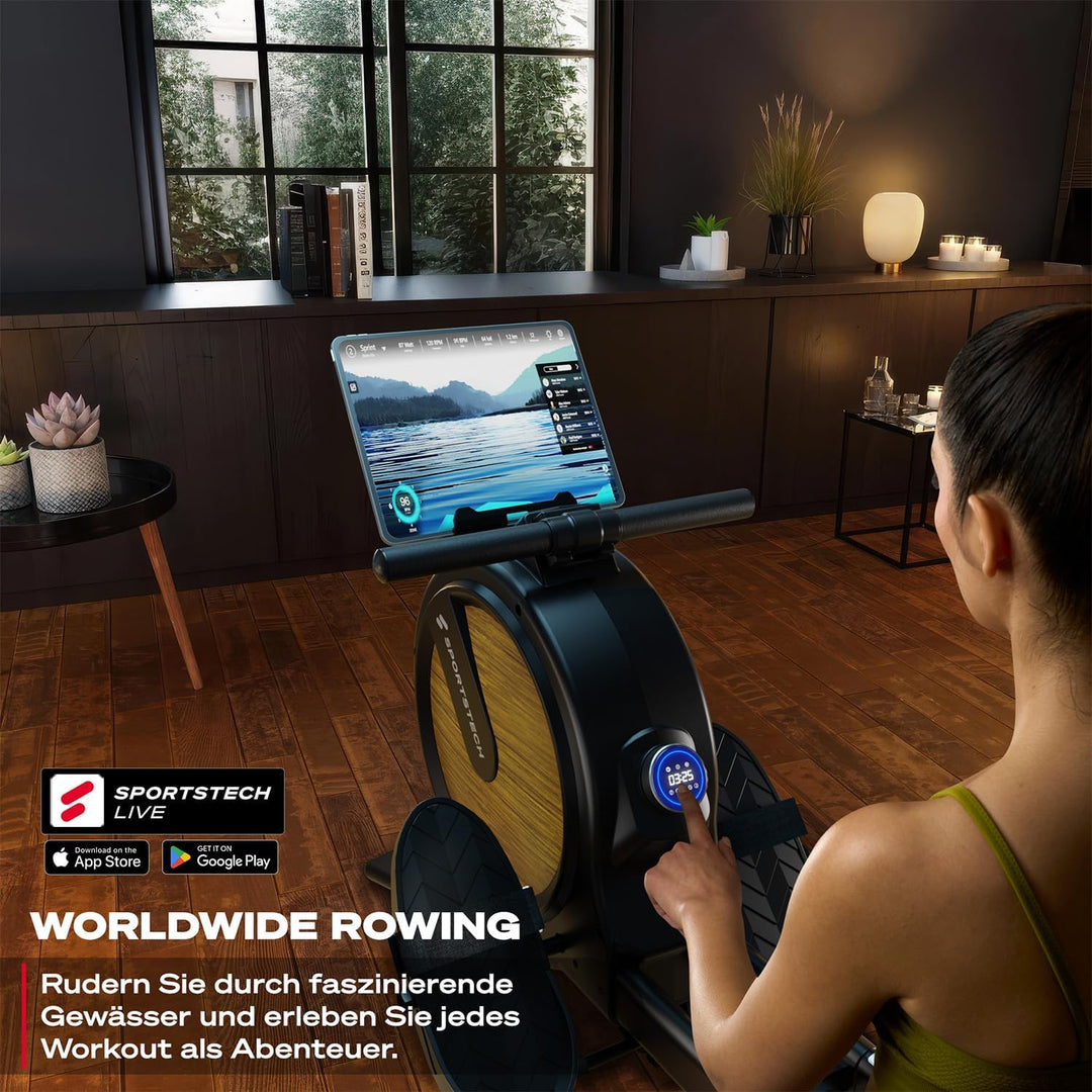Rudergerät für Zuhause mit Wasser- oder Magnetwiderstand, LED-Display, Bluetooth App kompatibel, Dua