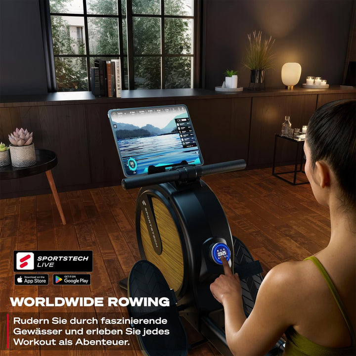 Rudergerät für Zuhause mit Wasser- oder Magnetwiderstand, LED-Display, Bluetooth App kompatibel, Dua