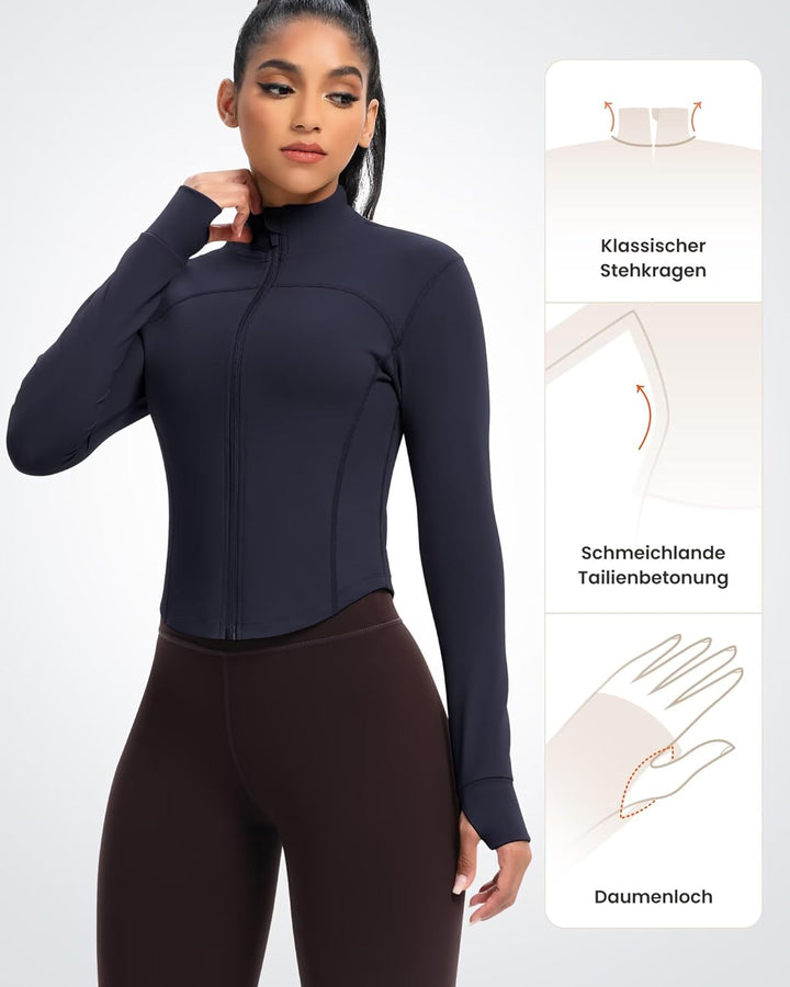 QUEENIEKE Damen Laufjacke Atmungsaktive und Leicht Sportjacke Langarm definieren Jacke mit Daumenloc