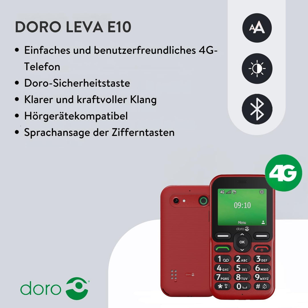 DORO Telefon – Doro Leva E10 – 4G Handy für Senioren – 2,4 Zoll Querformat-Display, kontrastreiche T