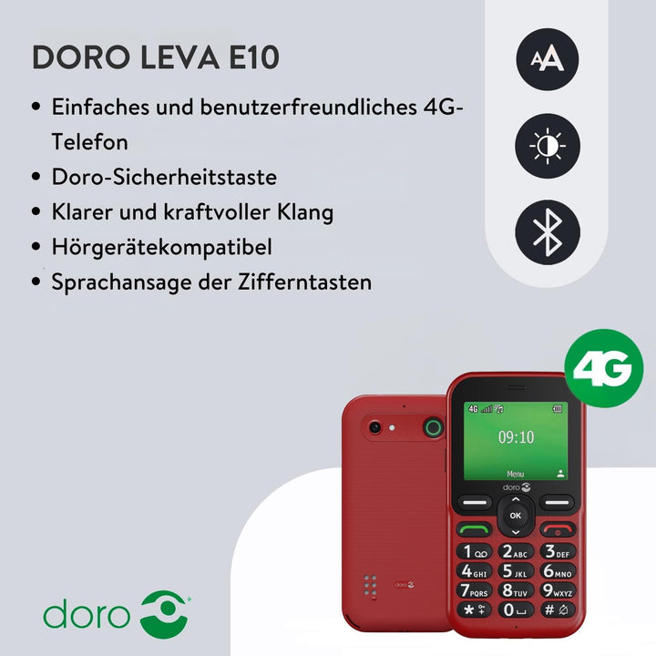 DORO Telefon – Doro Leva E10 – 4G Handy für Senioren – 2,4 Zoll Querformat-Display, kontrastreiche T