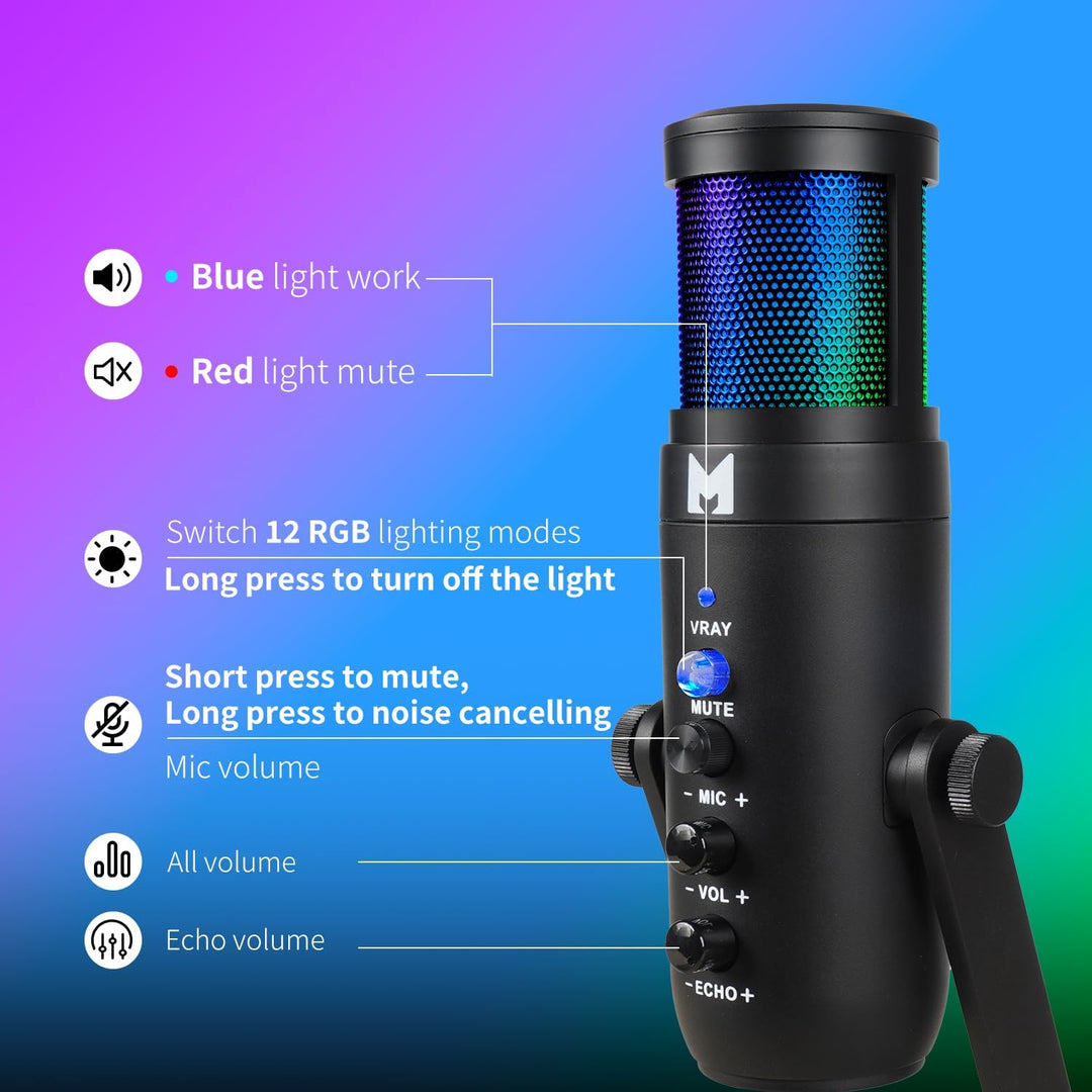 USB Mikrofon PC, Gaming Mikrofon für Streaming Podcast Voiceover, USB C Kondensator Mikrofon mit RGB