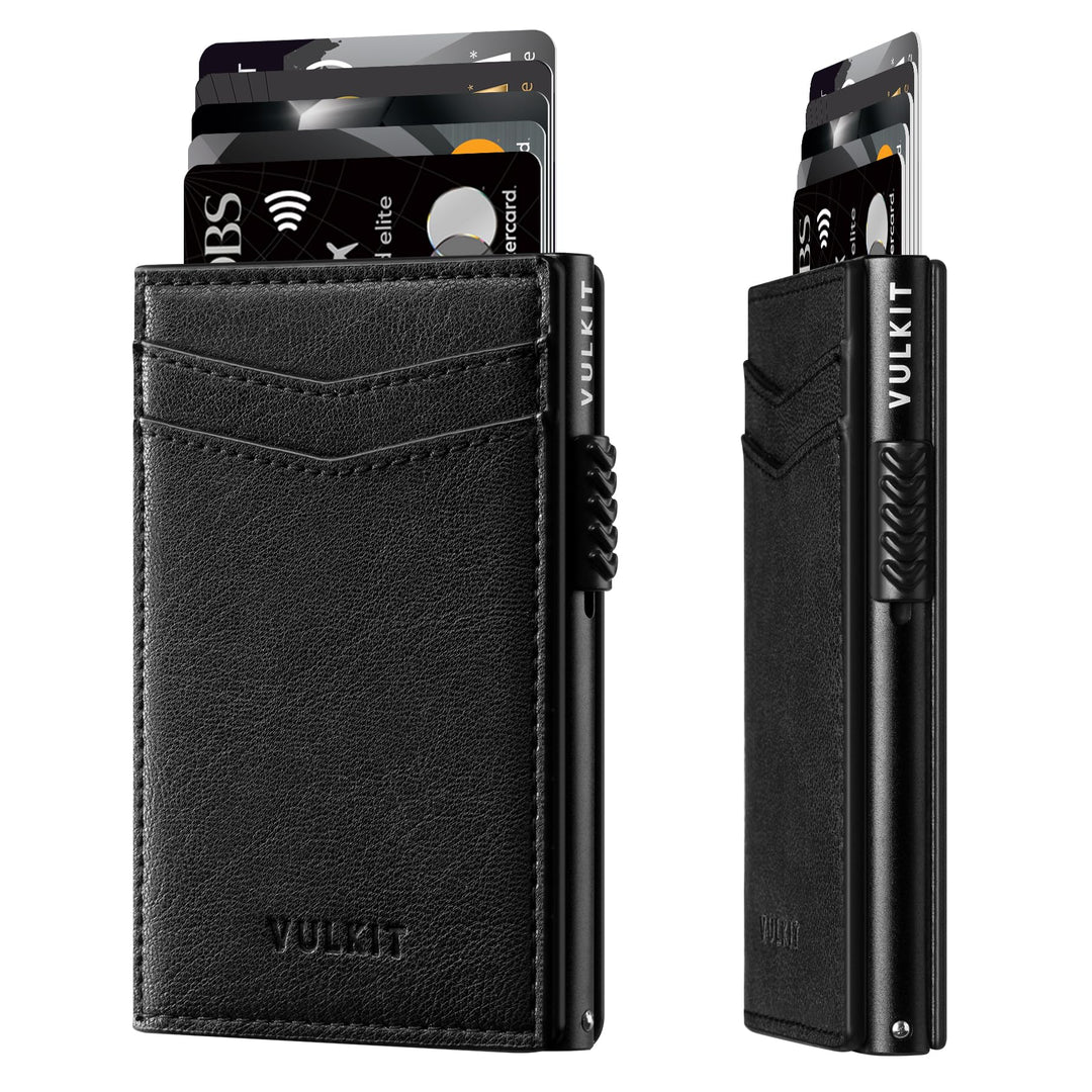 VULKIT Kreditkartenetui Leder Kartenetui RFID Blocking Automatische Pop Up Visitenkartenetui für Kar