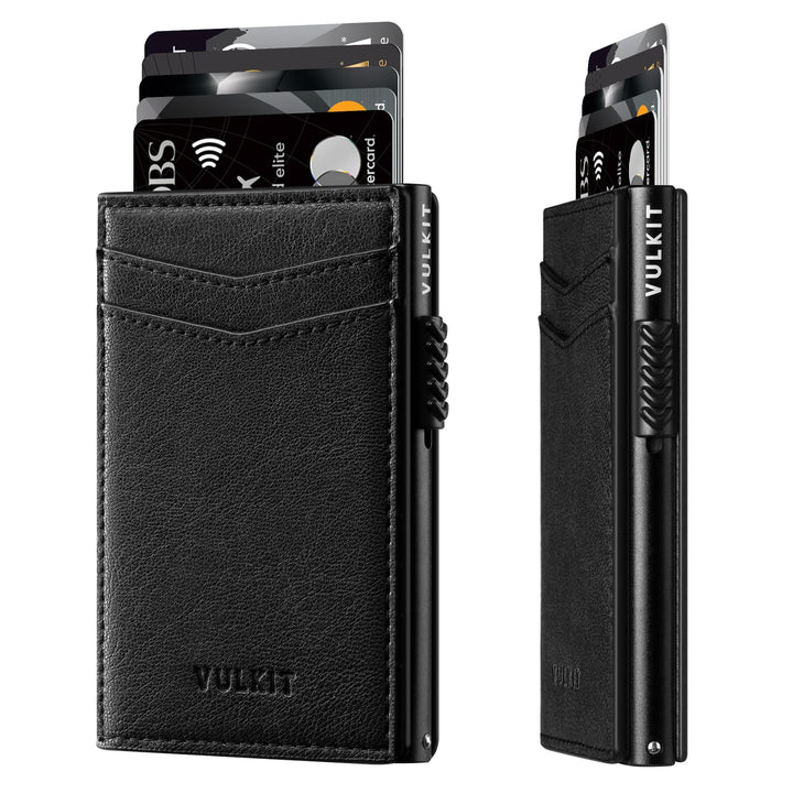 VULKIT Kreditkartenetui Leder Kartenetui RFID Blocking Automatische Pop Up Visitenkartenetui für Kar