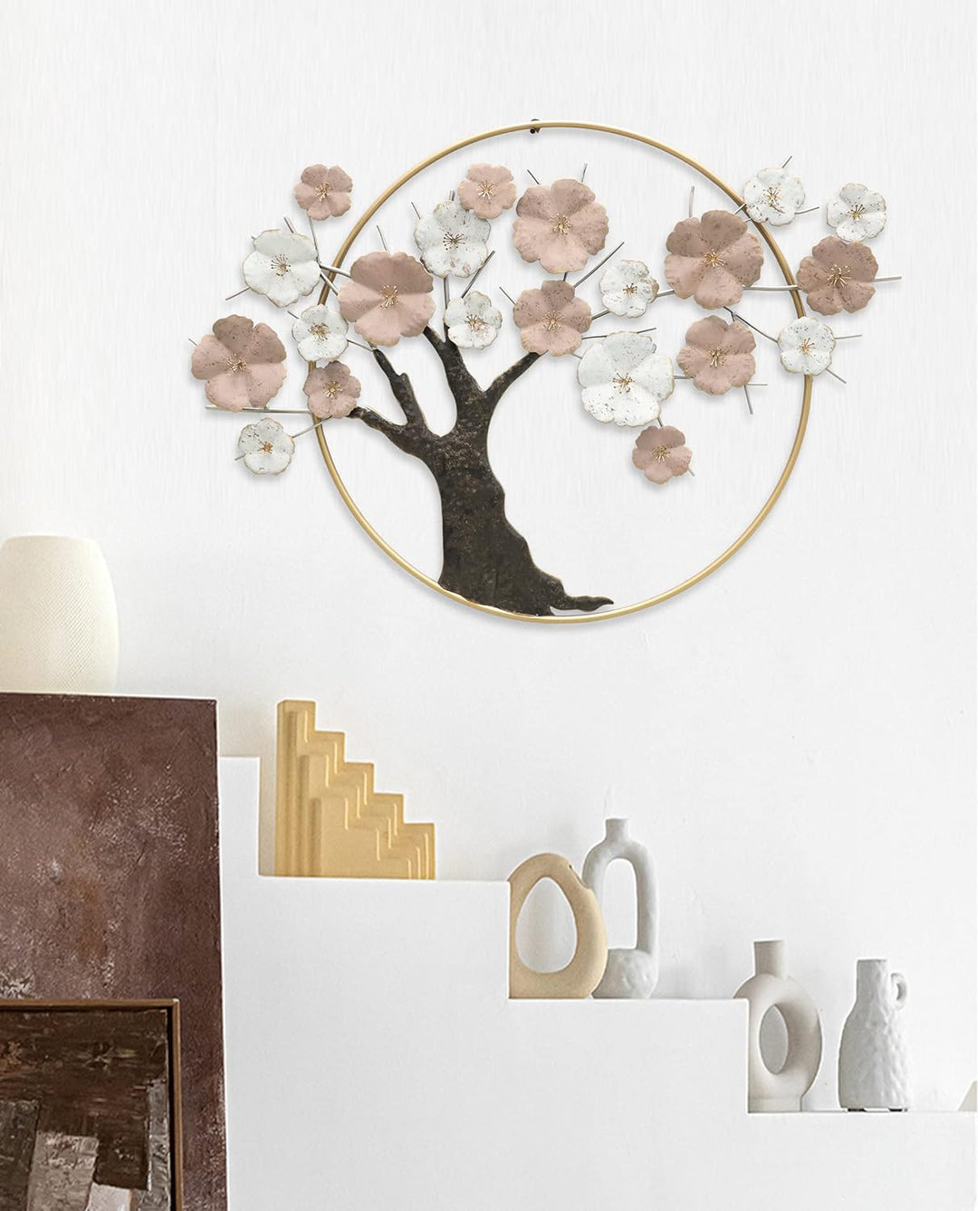 Kobolo Metallbild 3D Wanddeko - Cherry Blossom - aus Metall in Pastell- und Goldtönen