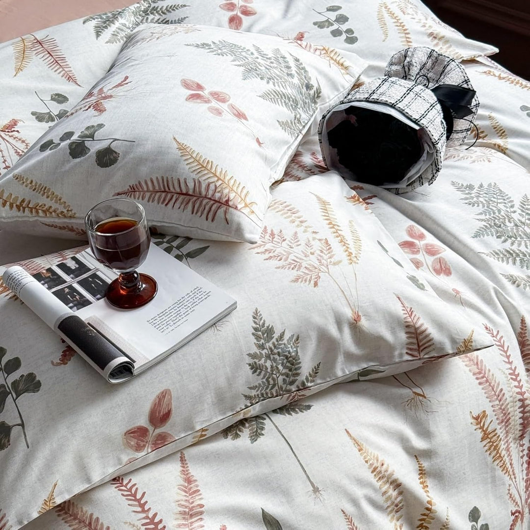 Freyamy Baumwolle Bettwäsche 135x200cm Beige Bunt Pflanzenblätter Ästhetik Bettwäsche-Sets Pflanzenm