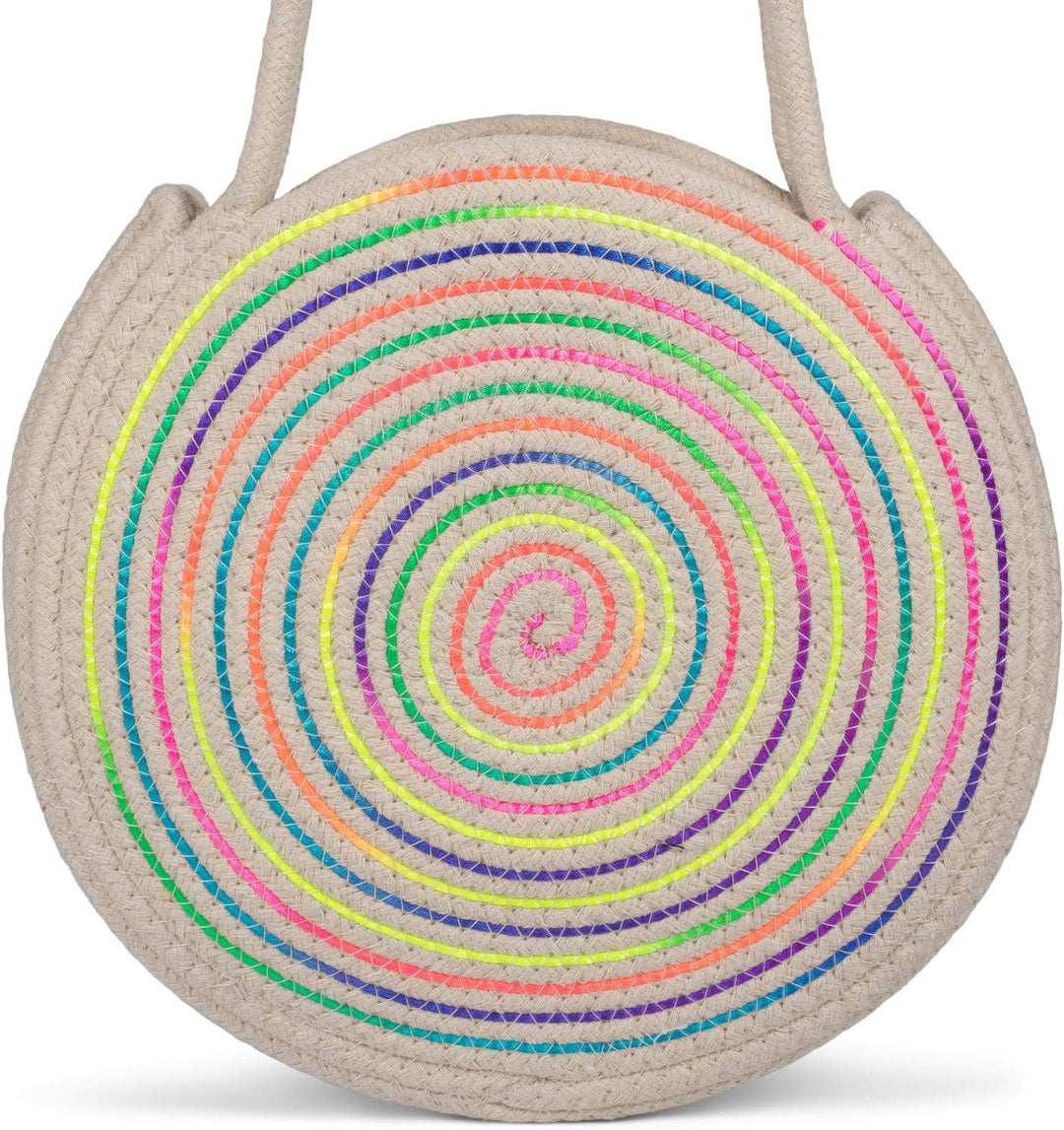 styleBREAKER Damen Runde Bali Bag Umhängetasche mit buntem Neonfaden und geflochtenem Taschengurt, H
