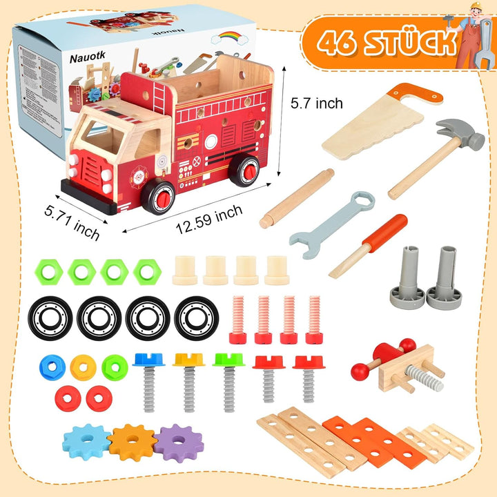 Werkzeugkoffer Kinder Werkbank, 2 in 1 Feuerwehrfahrzeug aus Holz und Werkzeug Kinder, Montessori Ho