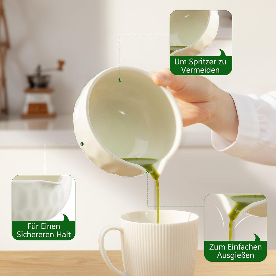 8 Stück Matcha Set Beige mit Besenhalter | Edelstahl-Sieb für klumpenfreien Matcha | Inkl Bambus bes