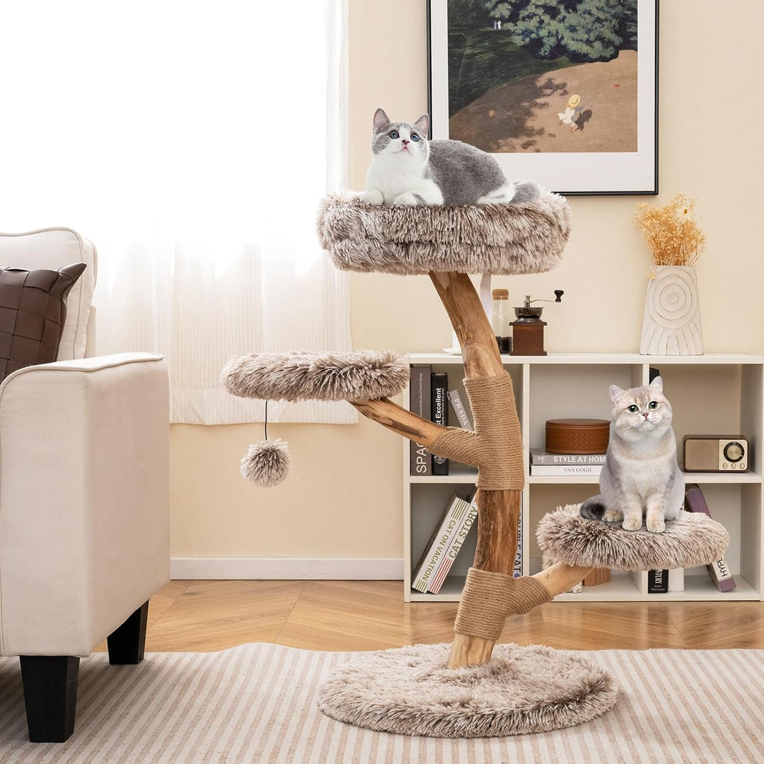 COSTWAY 90cm Kratzbaum Holz, Katzenbaum mit Kratzpfosten aus Massivholz und Jute, 4 Plüschsitzfläche