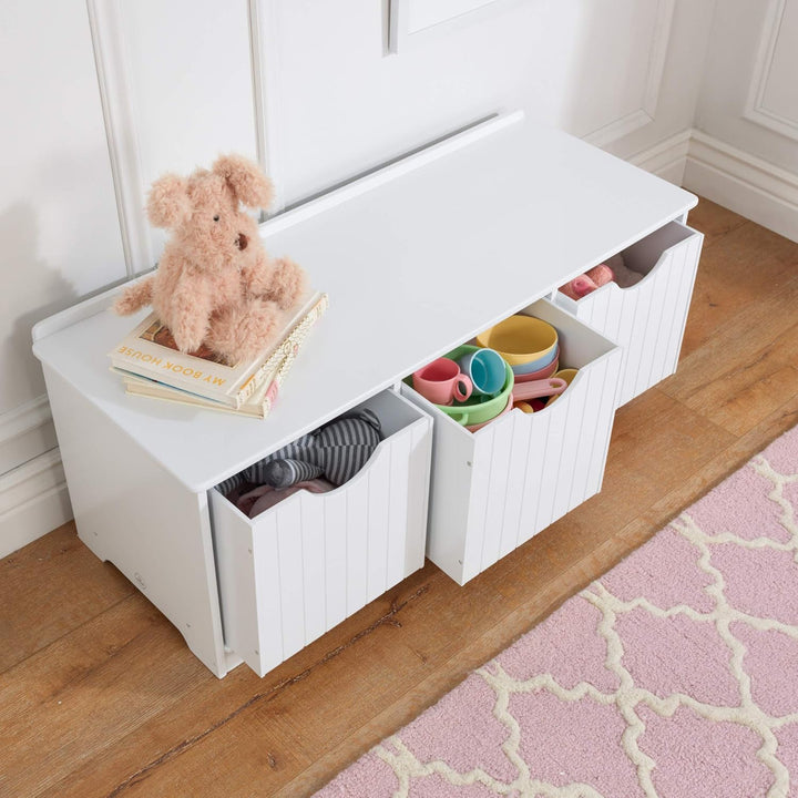 KidKraft Nantucket Aufbewahrungsbank aus Holz in Weiss mit 3 Schubladen, Kinderregal Spielzeugschran