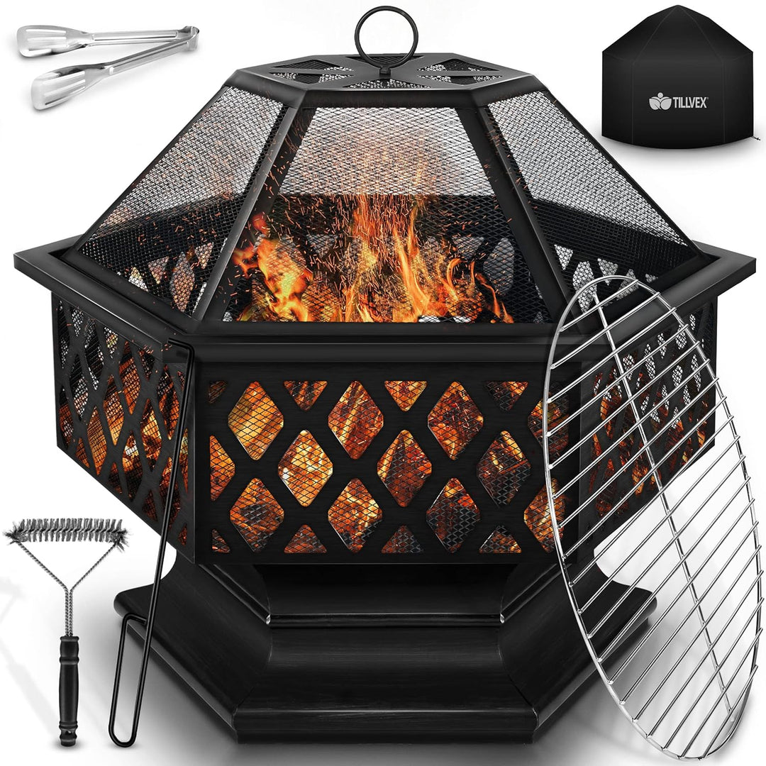 tillvex Feuerschale mit Funkenschutz & Grillrost | Feuerstelle Outdoor für den Garten | 4 in 1 BBQ G