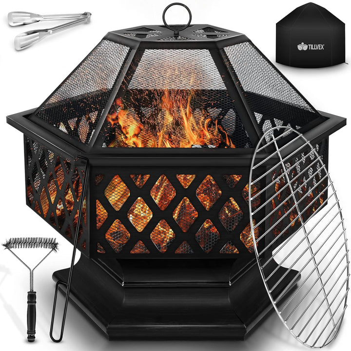 tillvex Feuerschale mit Funkenschutz & Grillrost | Feuerstelle Outdoor für den Garten | 4 in 1 BBQ G