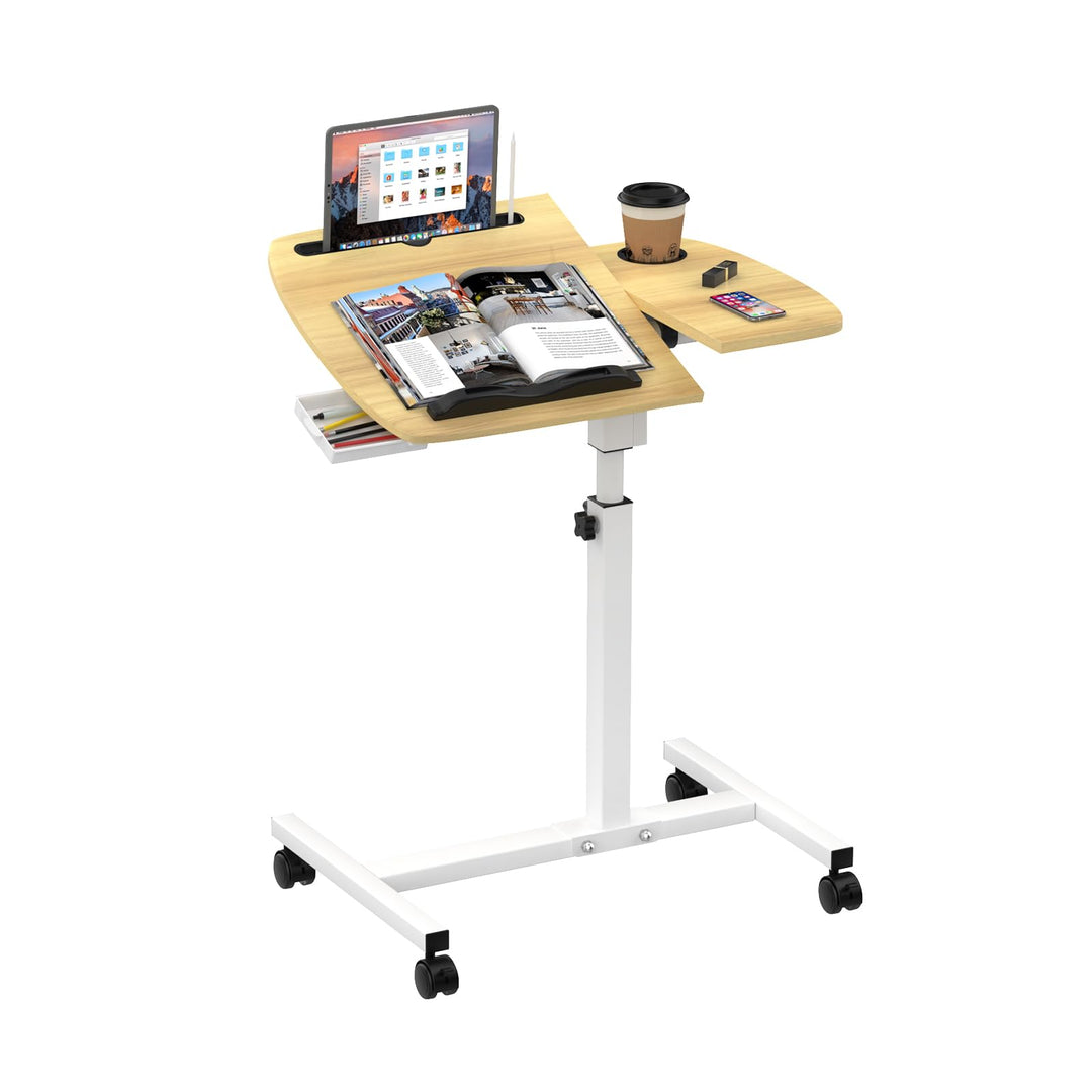 Laptoptisch höhenverstellbar, Mobiler Beistelltisch mit Schubladen, Mobiler Stehpult mit rollbar, Be