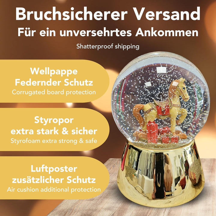 Weihnachts-Schneekugel mit Musik | Schneekugel Schaukelpferd mit Geschenken | Sockel Gold glänzend m