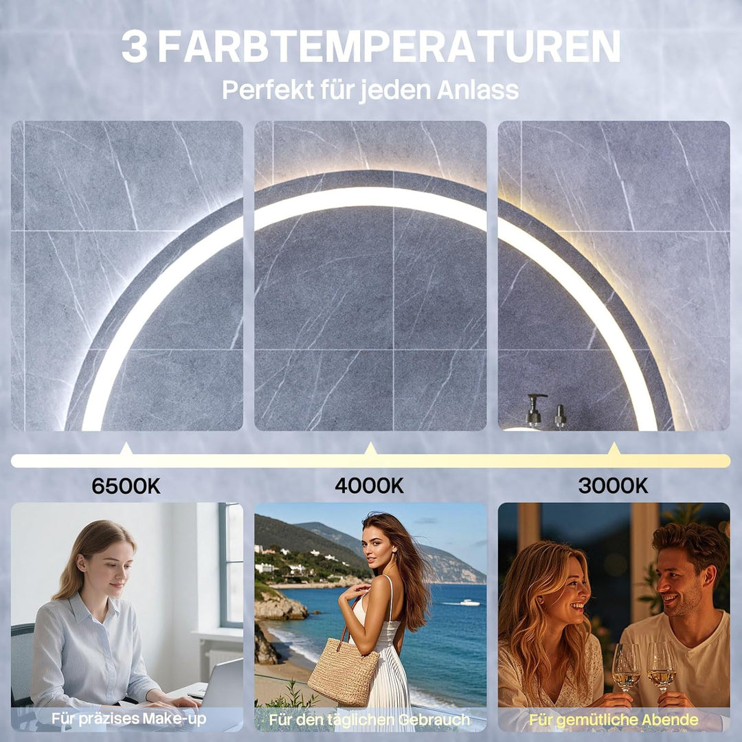 HySail Badspiegel mit Beleuchtung, 5mm Hochauflösender Silber-Spiegel, 3 Farbtemperaturen &amp; Dimmbare