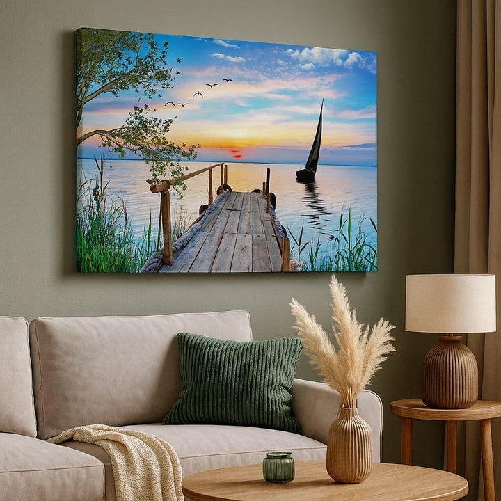 ARTTOR Bilder auf Leinwand 100x70cm Leinwandbild mit Rahmen Brücke See Gross Wanddeko Bild Schlafzim