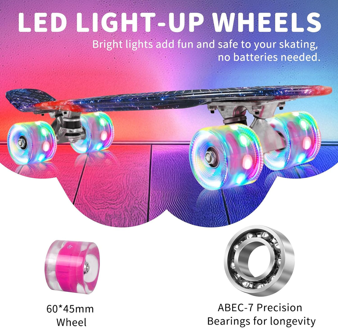 BELEEV Skateboard Komplette 22 Zoll Mini Cruiser Skateboard für Kinder Jugendliche Erwachsene, LED L