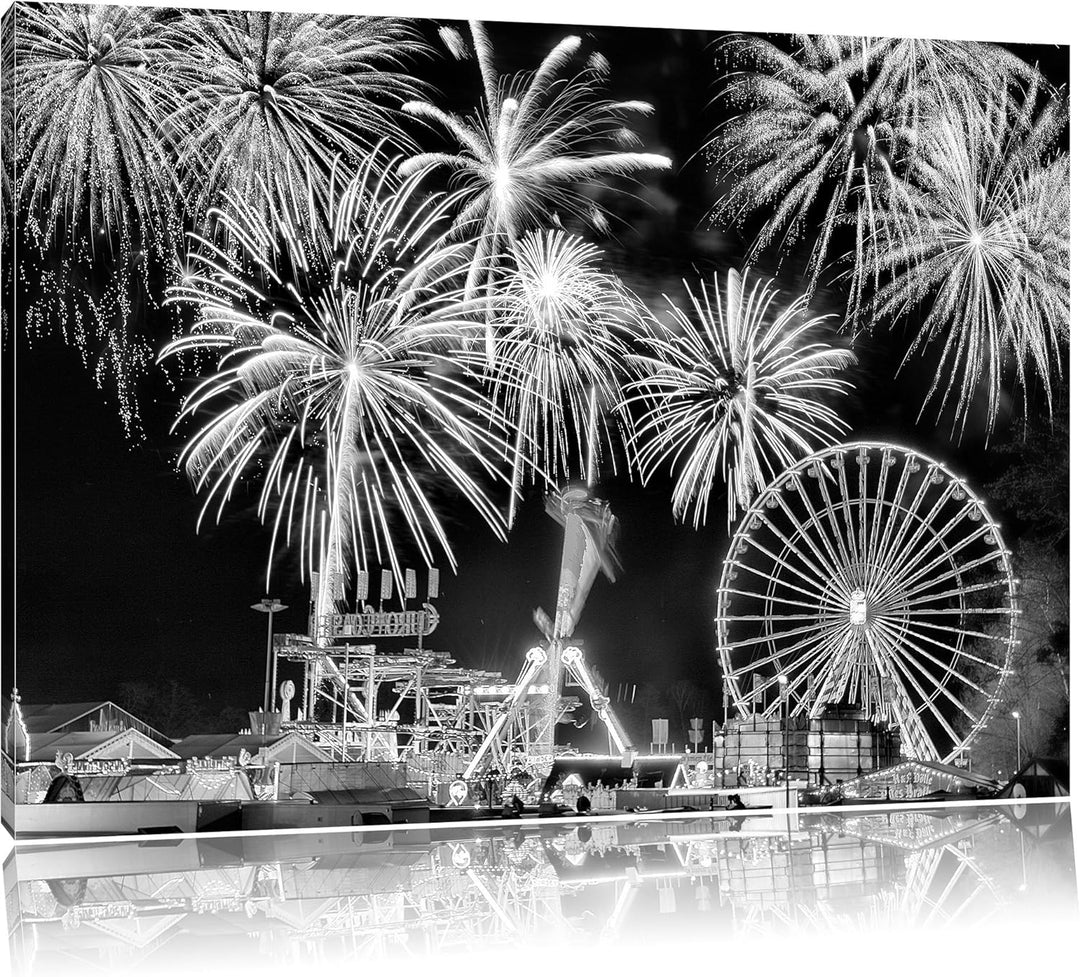Pixxprint Monocrome, Silvester Riesenrad, Feuerwerk, Format: 100x70 auf Leinwand, 100x70