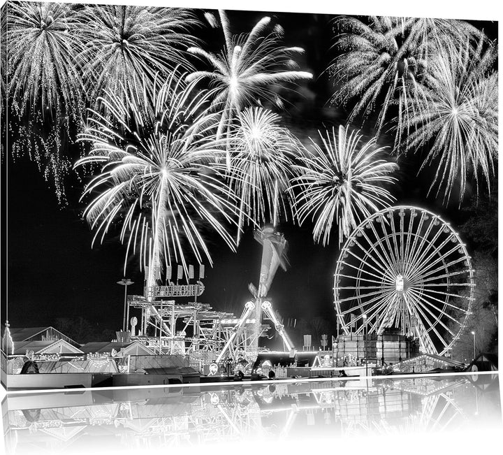 Pixxprint Monocrome, Silvester Riesenrad, Feuerwerk, Format: 100x70 auf Leinwand, 100x70