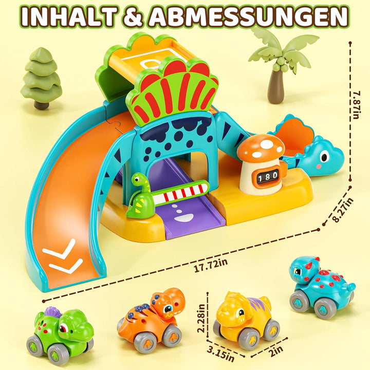 Lehoo Castle Kinderspielzeug ab 1 Jahr, Geschenk für Jungen Mädchen | 4 Dinosaurier Autos mit Parkpl
