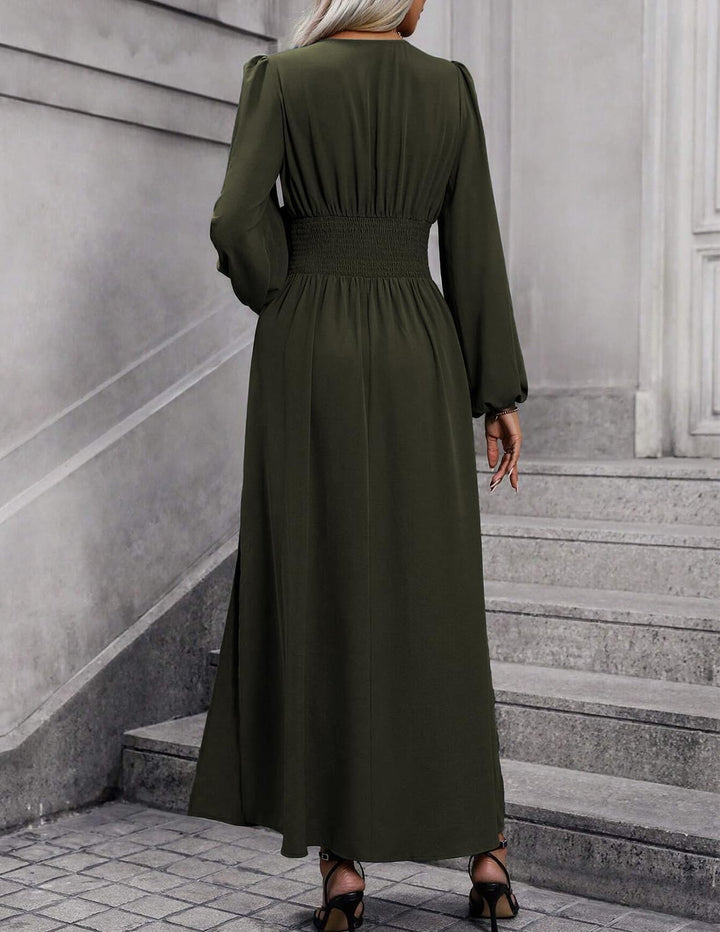 Damen Kleid 2.0 Elegant Langarm V-Ausschnit Tunika Maxikleider Casual Hohe Taille Saumschlitz Cockta