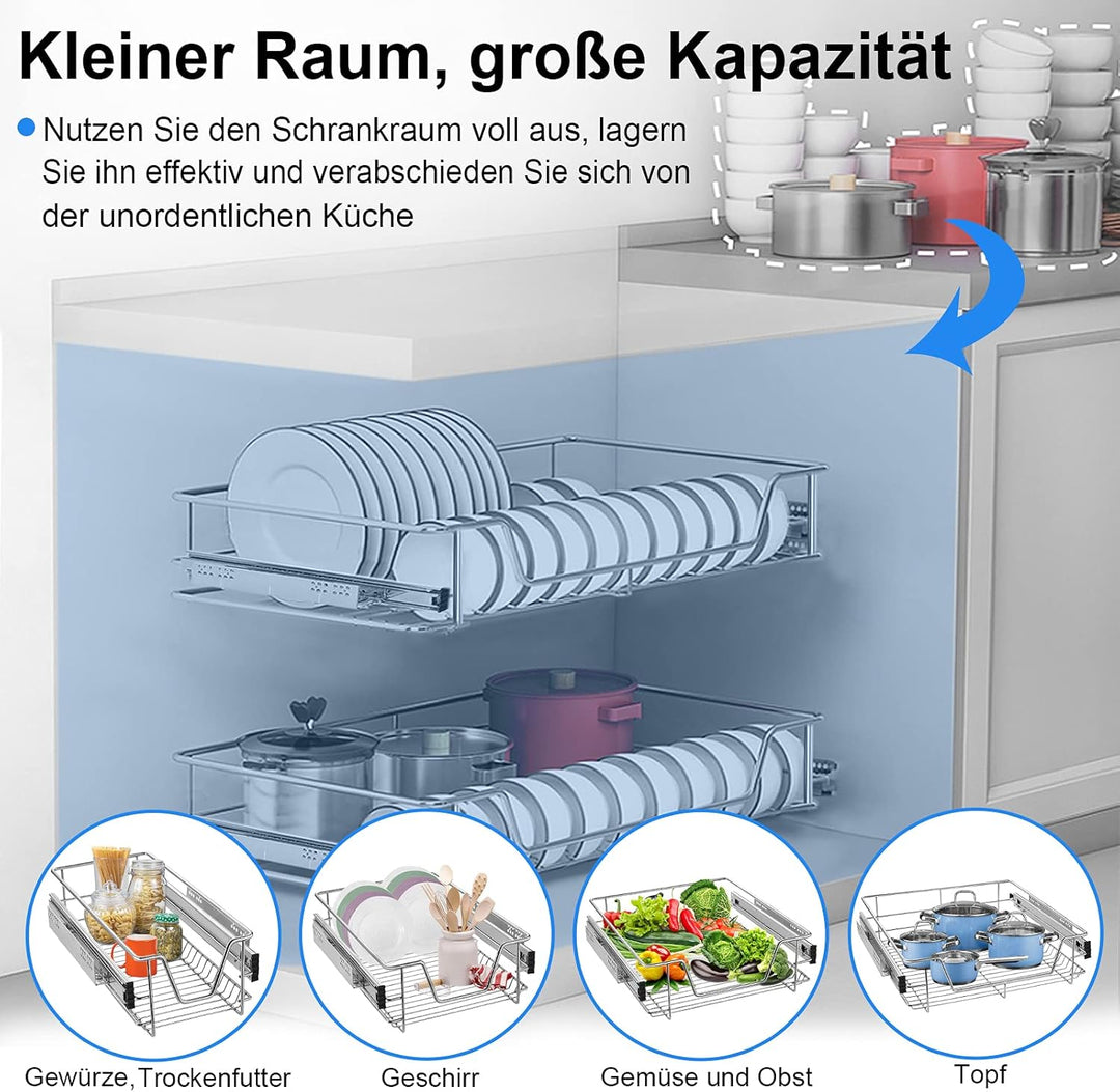 NAIZY 2x Teleskopschublade 30cm Breite anwendbar Küchenschublade Silber Küchen Regal aus Massiver Ed